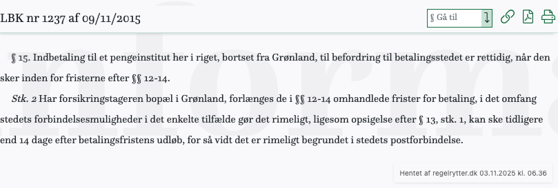 Screenshot af § 15. fra retsinformation.dk