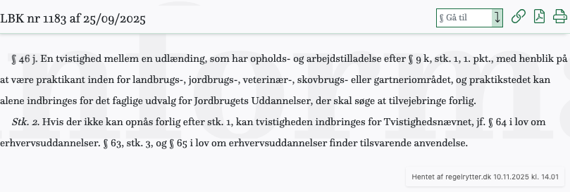 Screenshot af § 46 j. fra retsinformation.dk