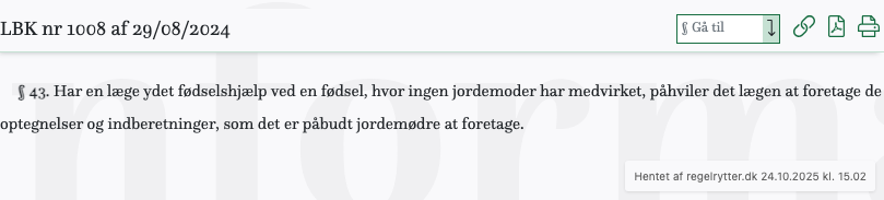 Screenshot af § 43. fra retsinformation.dk