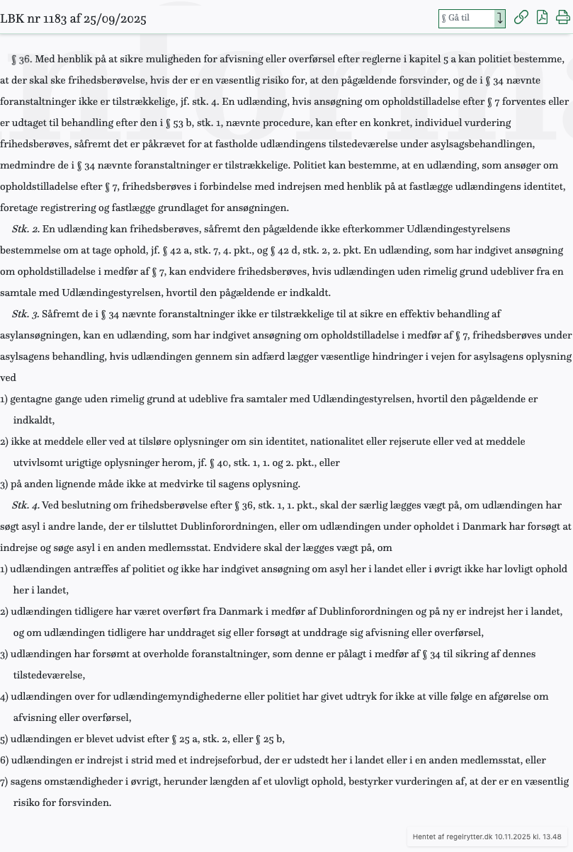 Screenshot af § 36. fra retsinformation.dk