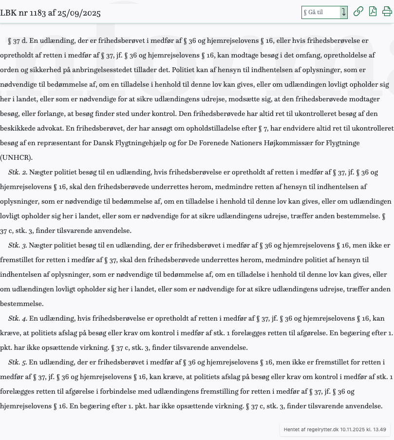 Screenshot af § 37 d. fra retsinformation.dk