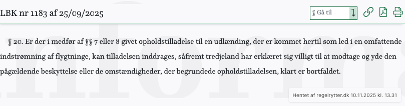 Screenshot af § 20. fra retsinformation.dk
