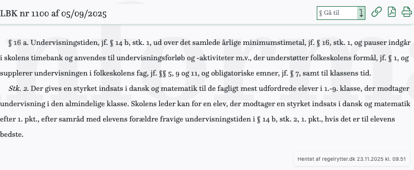 Screenshot af § 16 a. fra retsinformation.dk