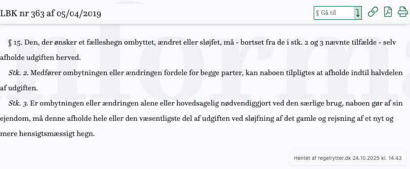 Screenshot af § 15. fra retsinformation.dk