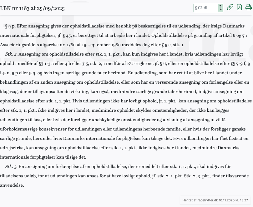 Screenshot af § 9 p. fra retsinformation.dk