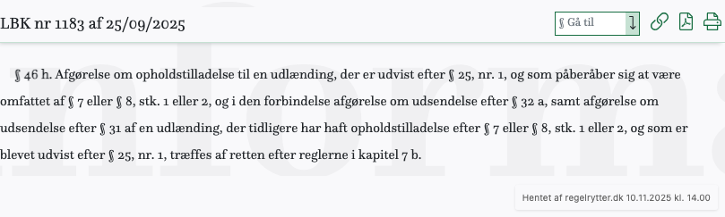 Screenshot af § 46 h. fra retsinformation.dk