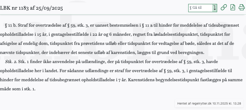 Screenshot af § 11 b. fra retsinformation.dk