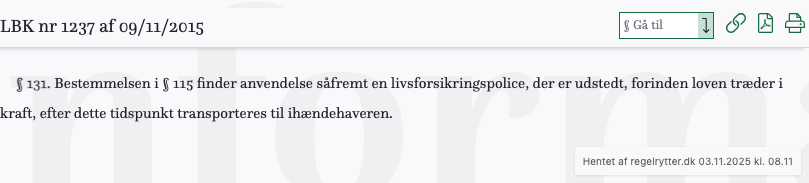 Screenshot af § 131. fra retsinformation.dk