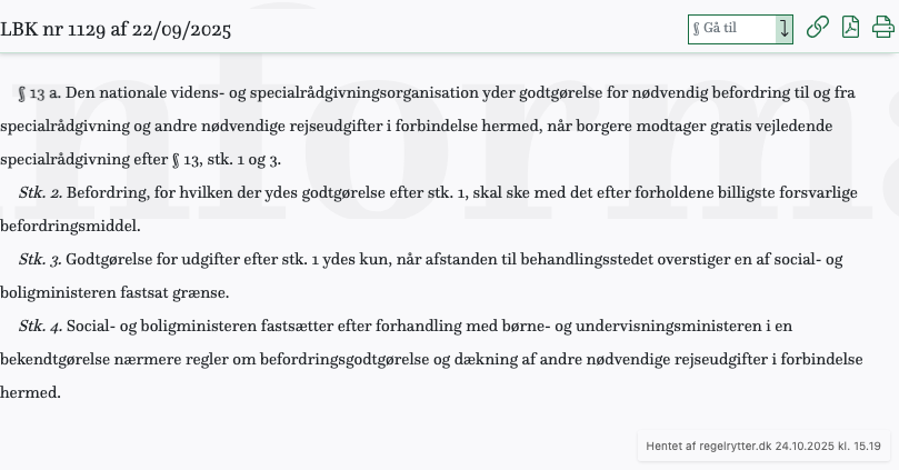 Screenshot af § 13 a. fra retsinformation.dk