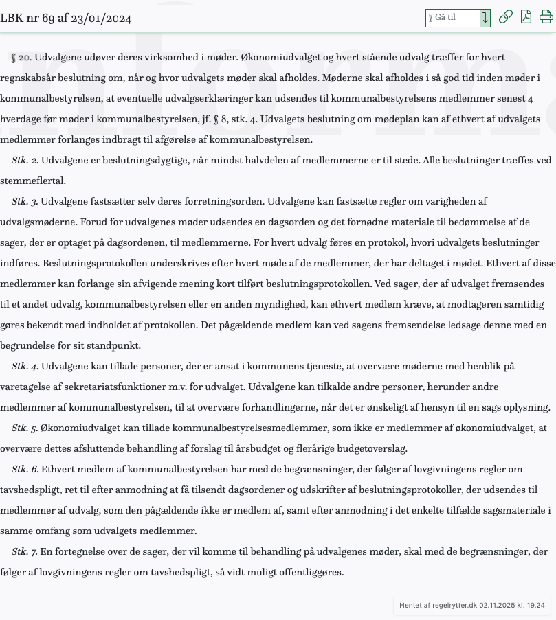 Screenshot af § 20. fra retsinformation.dk