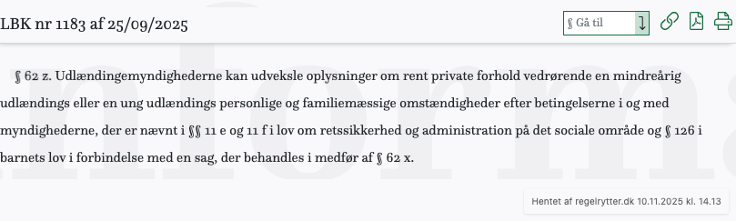 Screenshot af § 62 z. fra retsinformation.dk