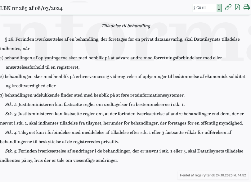 Screenshot af § 26. fra retsinformation.dk