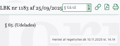 Screenshot af § 65. fra retsinformation.dk