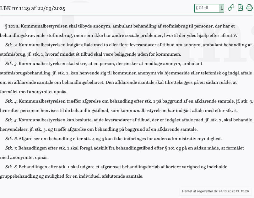 Screenshot af § 101 a. fra retsinformation.dk