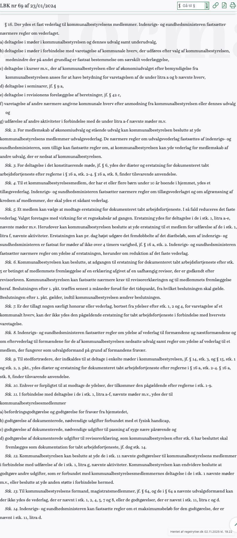 Screenshot af § 16. fra retsinformation.dk