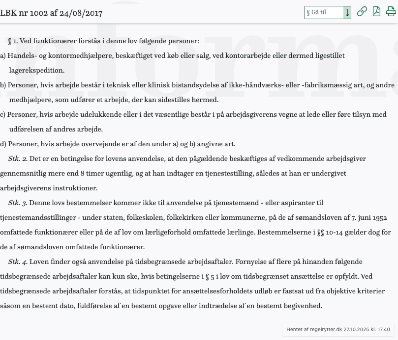 Screenshot af § 1. fra retsinformation.dk