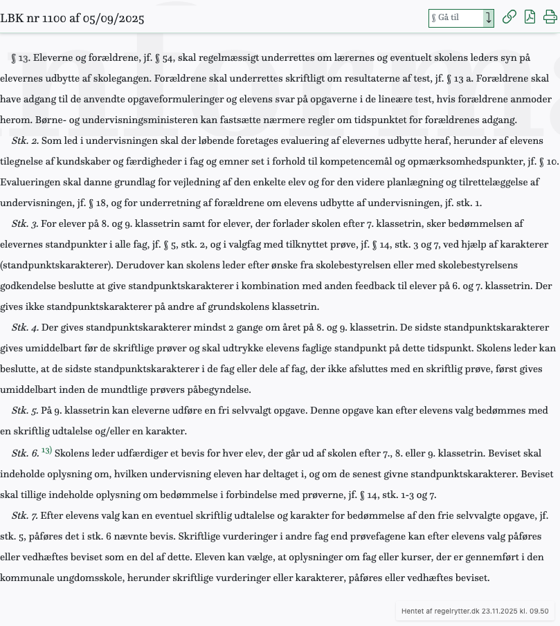 Screenshot af § 13. fra retsinformation.dk