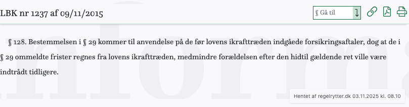 Screenshot af § 128. fra retsinformation.dk