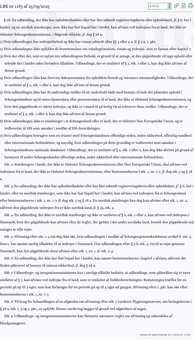 Screenshot af § 28. fra retsinformation.dk