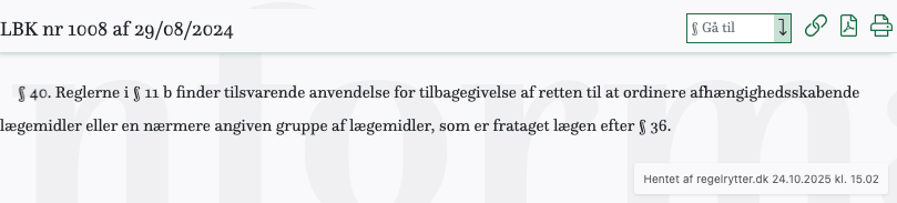 Screenshot af § 40. fra retsinformation.dk