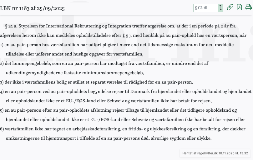 Screenshot af § 21 a. fra retsinformation.dk