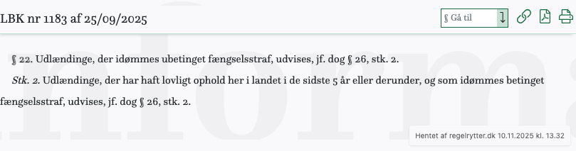 Screenshot af § 22. fra retsinformation.dk
