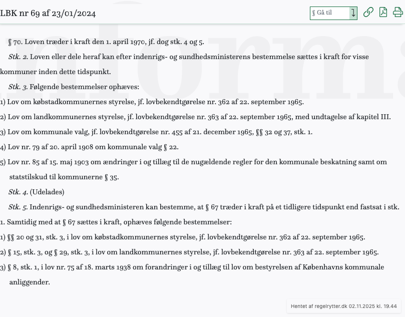Screenshot af § 70. fra retsinformation.dk