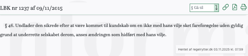 Screenshot af § 46. fra retsinformation.dk