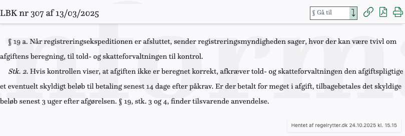 Screenshot af § 19 a. fra retsinformation.dk