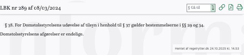 Screenshot af § 38. fra retsinformation.dk