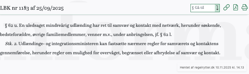 Screenshot af § 62 u. fra retsinformation.dk
