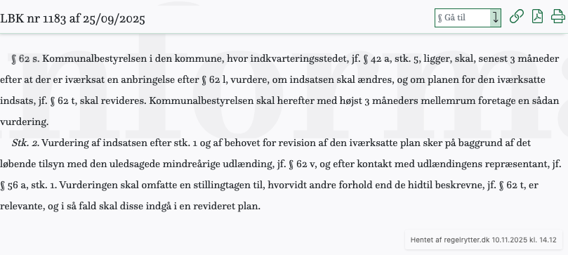 Screenshot af § 62 s. fra retsinformation.dk