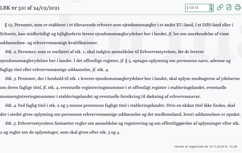 Screenshot af § 13. fra retsinformation.dk