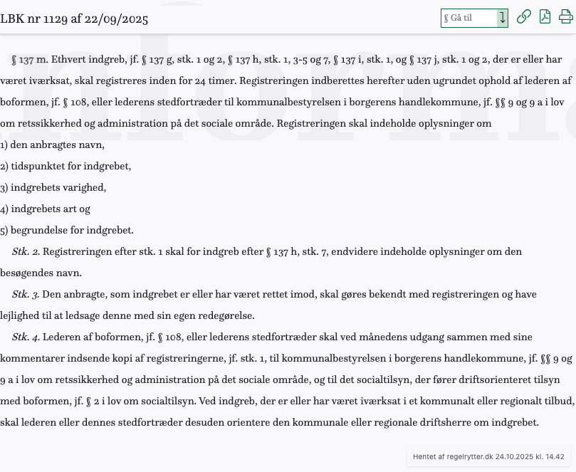 Screenshot af § 137 m. fra retsinformation.dk