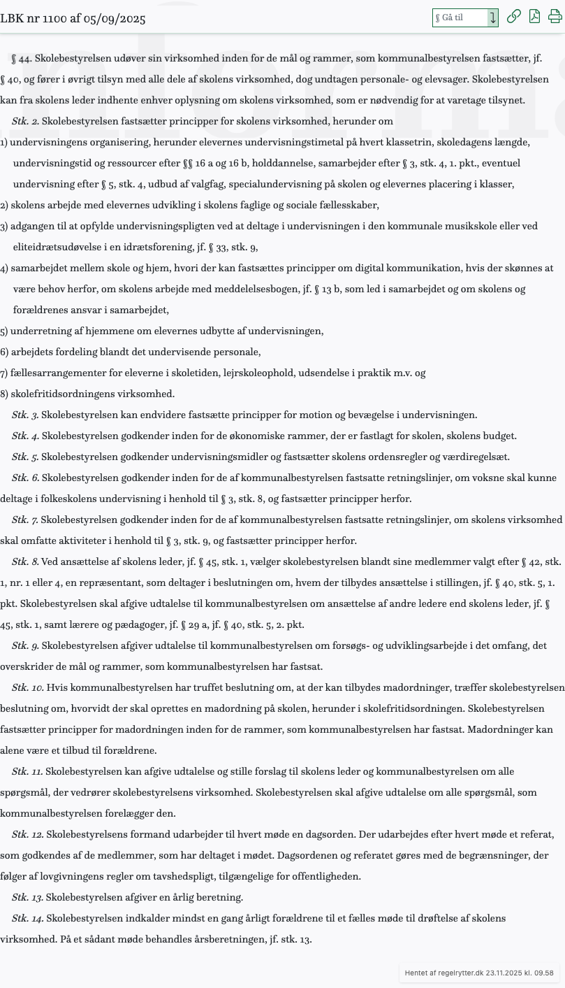 Screenshot af § 44. fra retsinformation.dk