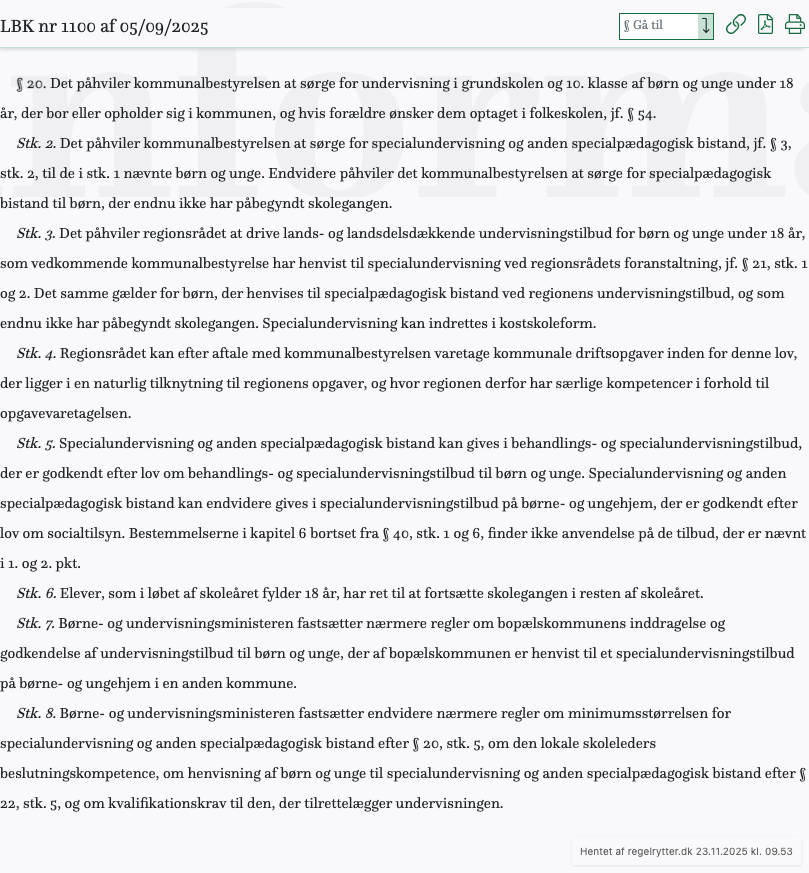 Screenshot af § 20. fra retsinformation.dk