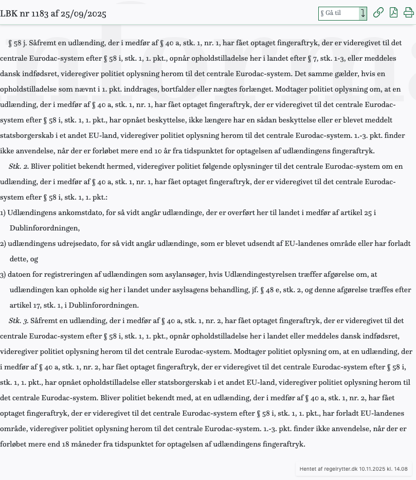 Screenshot af § 58 j. fra retsinformation.dk