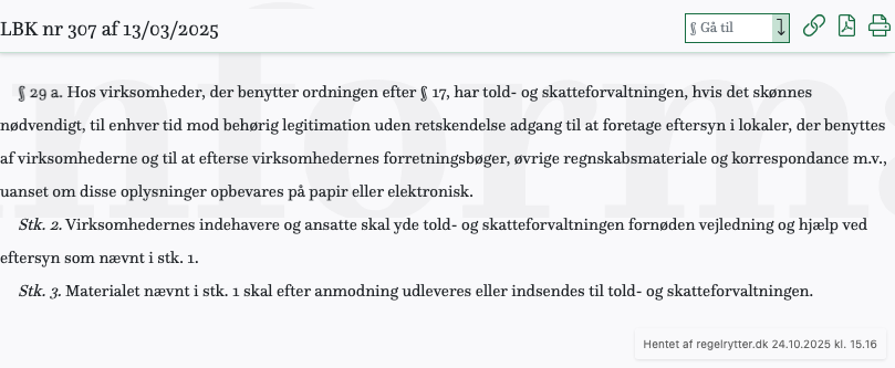 Screenshot af § 29 a. fra retsinformation.dk