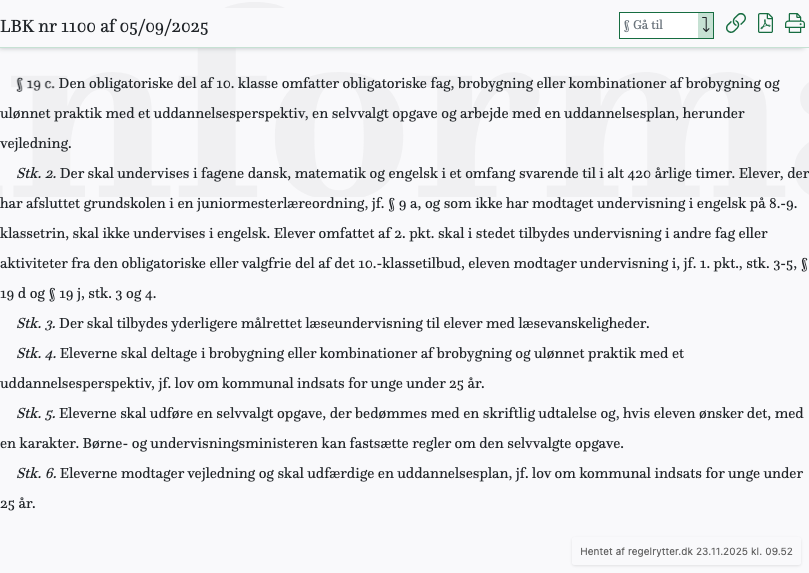 Screenshot af § 19 c. fra retsinformation.dk