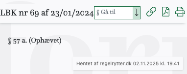 Screenshot af § 57 a. fra retsinformation.dk