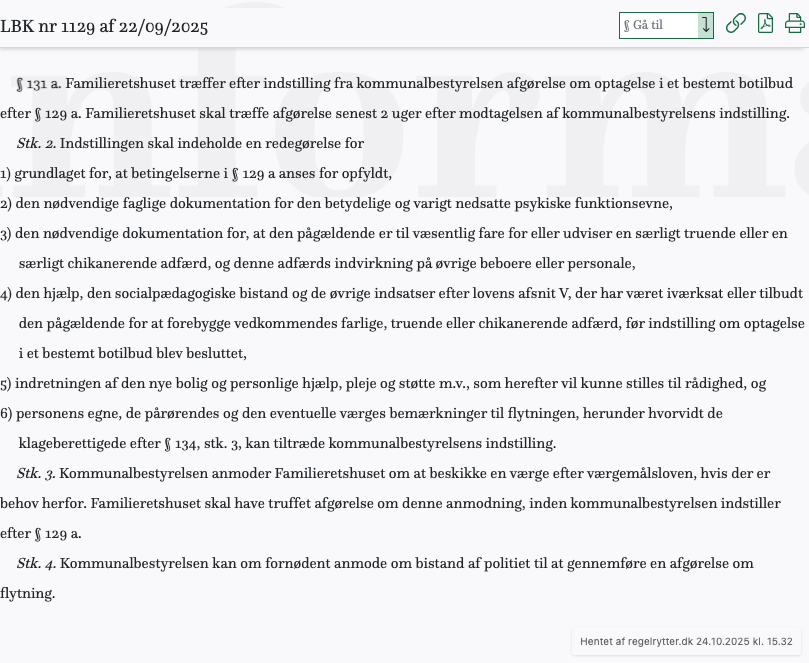 Screenshot af § 131 a. fra retsinformation.dk