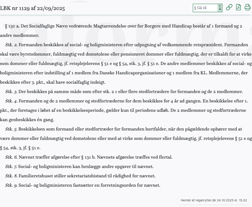 Screenshot af § 130 a. fra retsinformation.dk