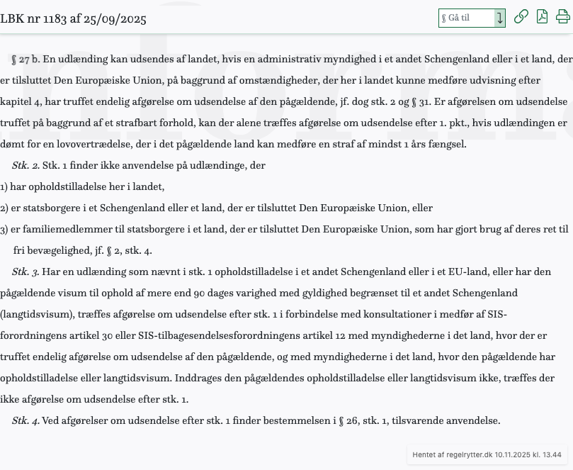 Screenshot af § 27 b. fra retsinformation.dk