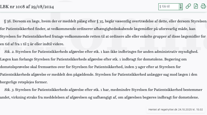 Screenshot af § 36. fra retsinformation.dk
