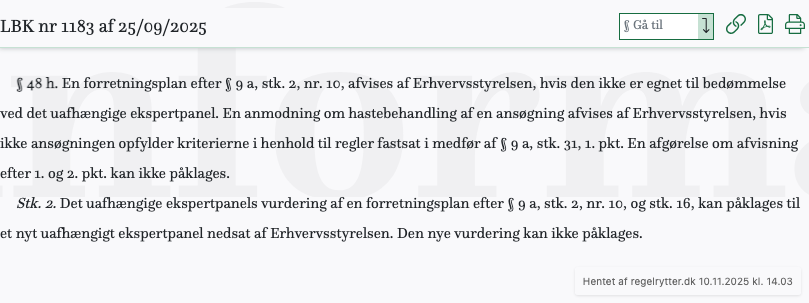 Screenshot af § 48 h. fra retsinformation.dk