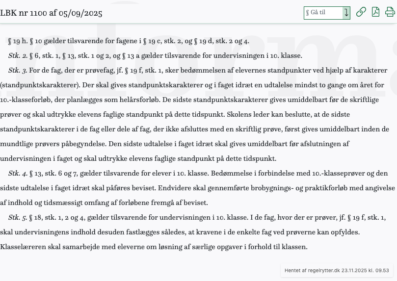 Screenshot af § 19 h. fra retsinformation.dk