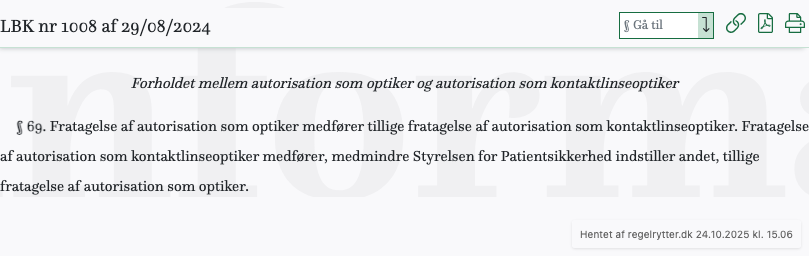 Screenshot af § 69. fra retsinformation.dk