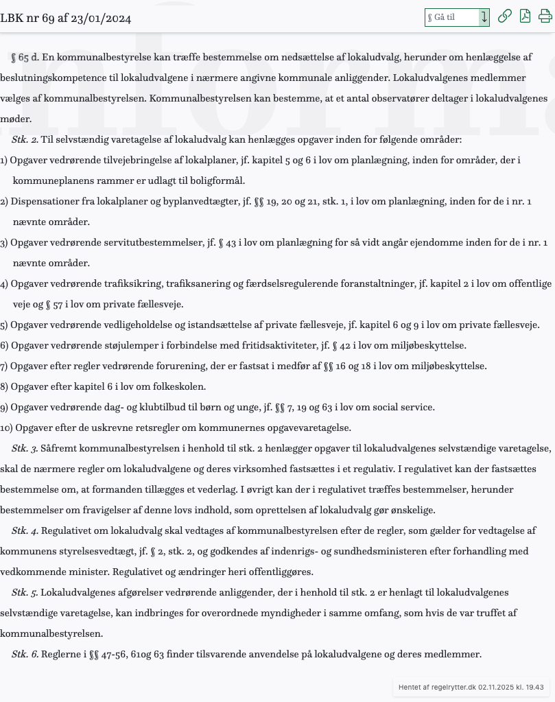 Screenshot af § 65 d. fra retsinformation.dk