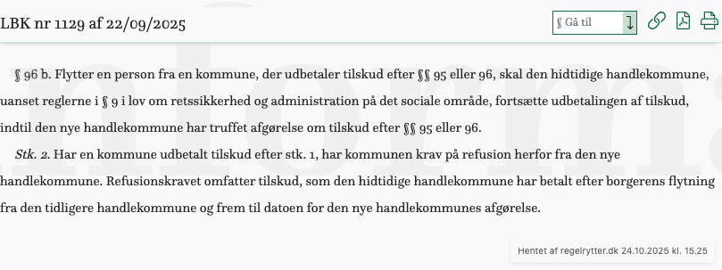 Screenshot af § 96 b. fra retsinformation.dk
