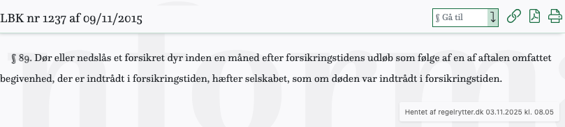 Screenshot af § 89. fra retsinformation.dk